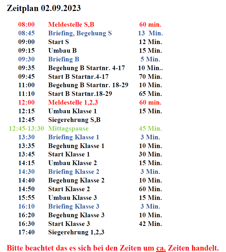 Zeitplan für das Rally Obedience Turnier am 02.02.2023